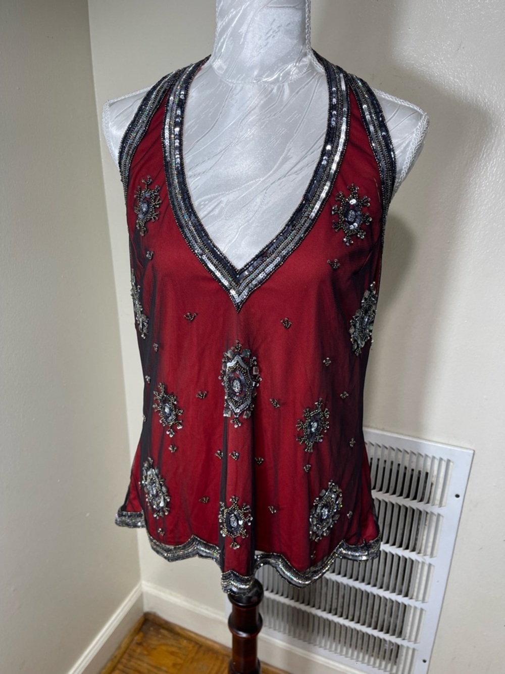 90s Vintage Red Halter Top Sequins Adrianna Papell Lace Overlay X-Large - Picture 2 of 7